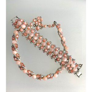 Vtg. Signed STAR Gorgeous Moonstone & AB Rhinestones Pink Necklace Bracelet Set